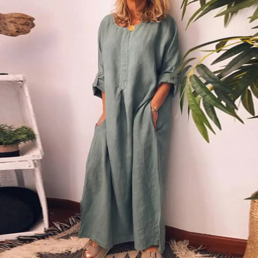 Casual Boho Oversize Maxi, Cotton Linen Long Shirt Kaftan Dress