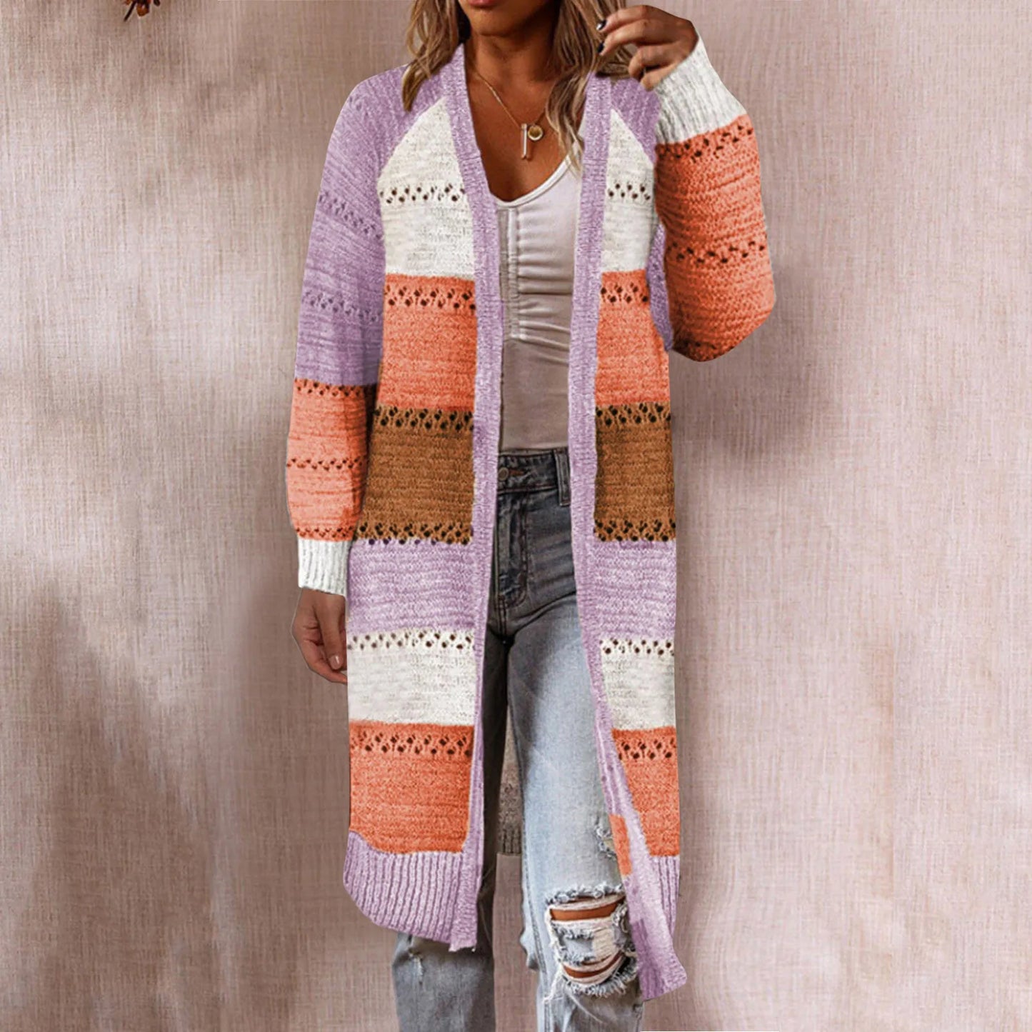 Retro Kintted Long Cardigan, Boho Cable Knit Cardigan Sweater