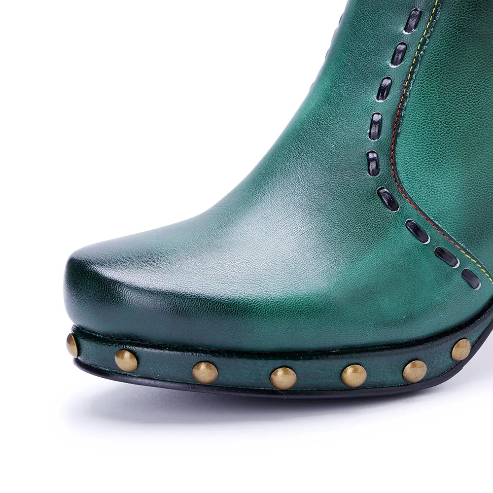 Johnature Handmade Genuine Green Leather Patchwork Printed Women's Boots