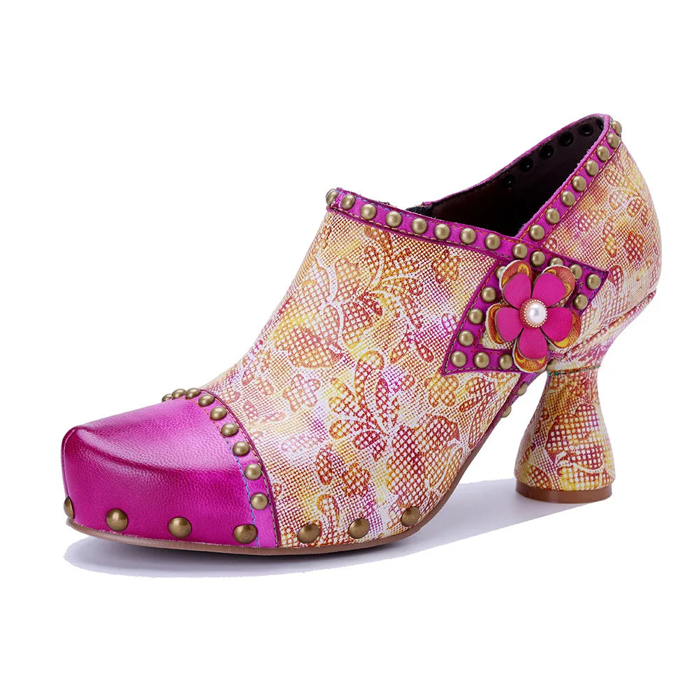 Johnature 2025 Spring/Summer Fun Pink Floral Pumps, Genuine Leather Retro Pink Shoes