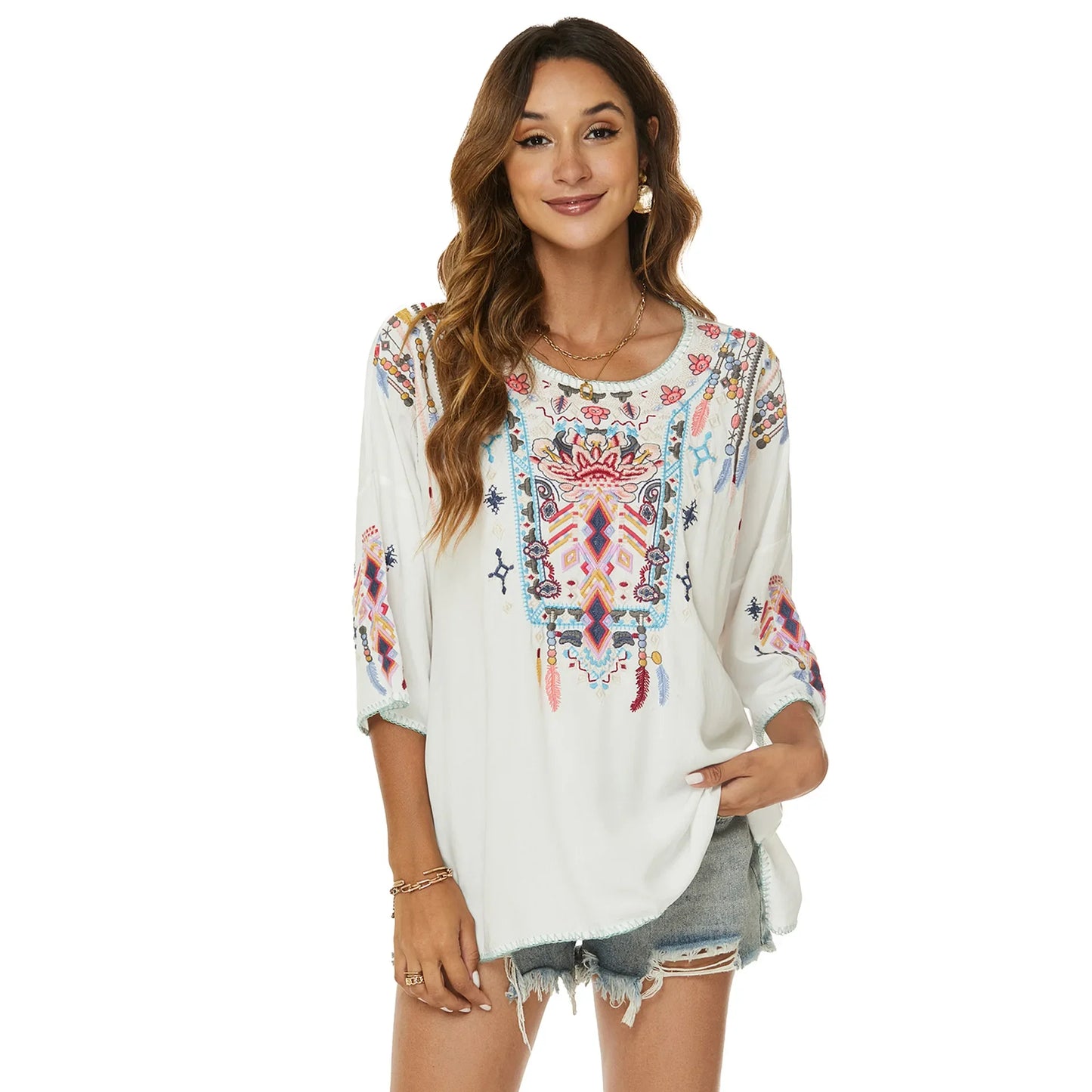 TEELYNN Boho Vintage White Ethnic Floral Embroidery Blouses Shirts Women Tops Casual V Neck Loose Blouse Summer Beach Blusas