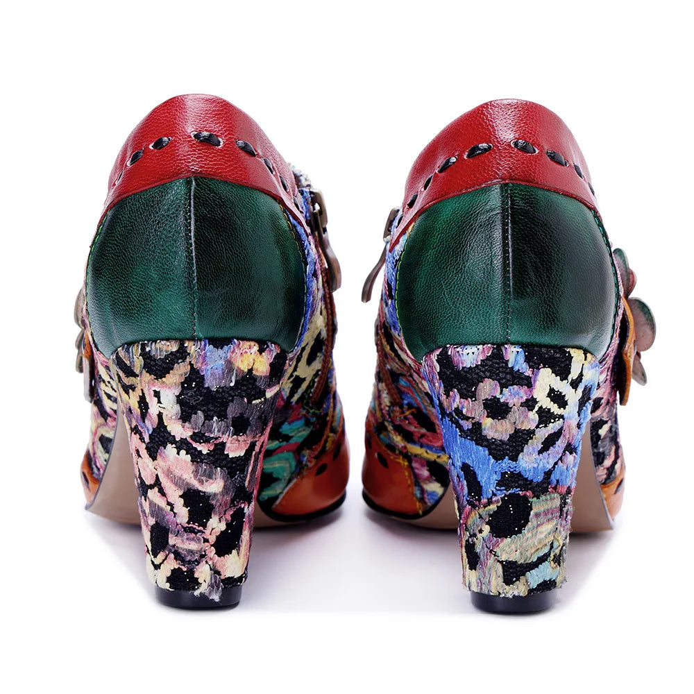 Johnature Autumn/Winter Colorful Floral Pumps, Genuine Leather