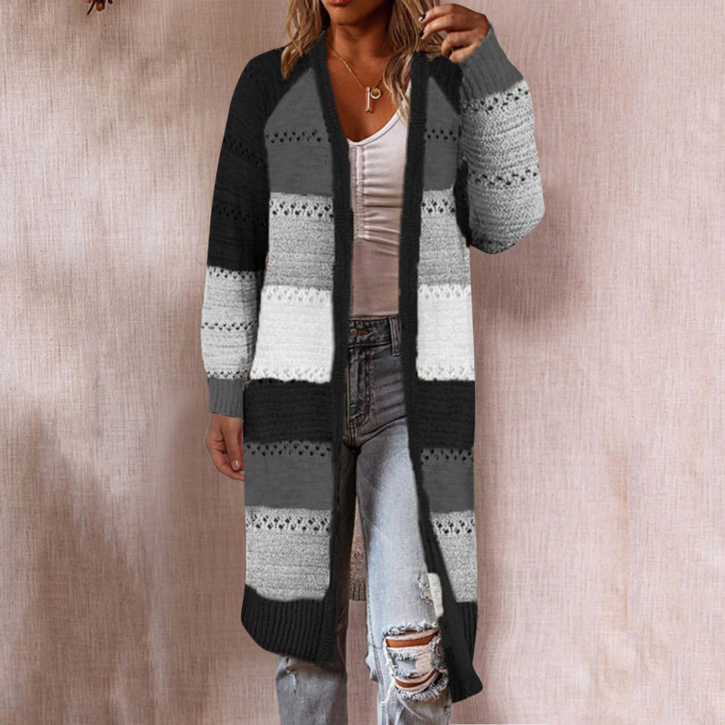 Retro Kintted Long Cardigan, Boho Cable Knit Cardigan Sweater