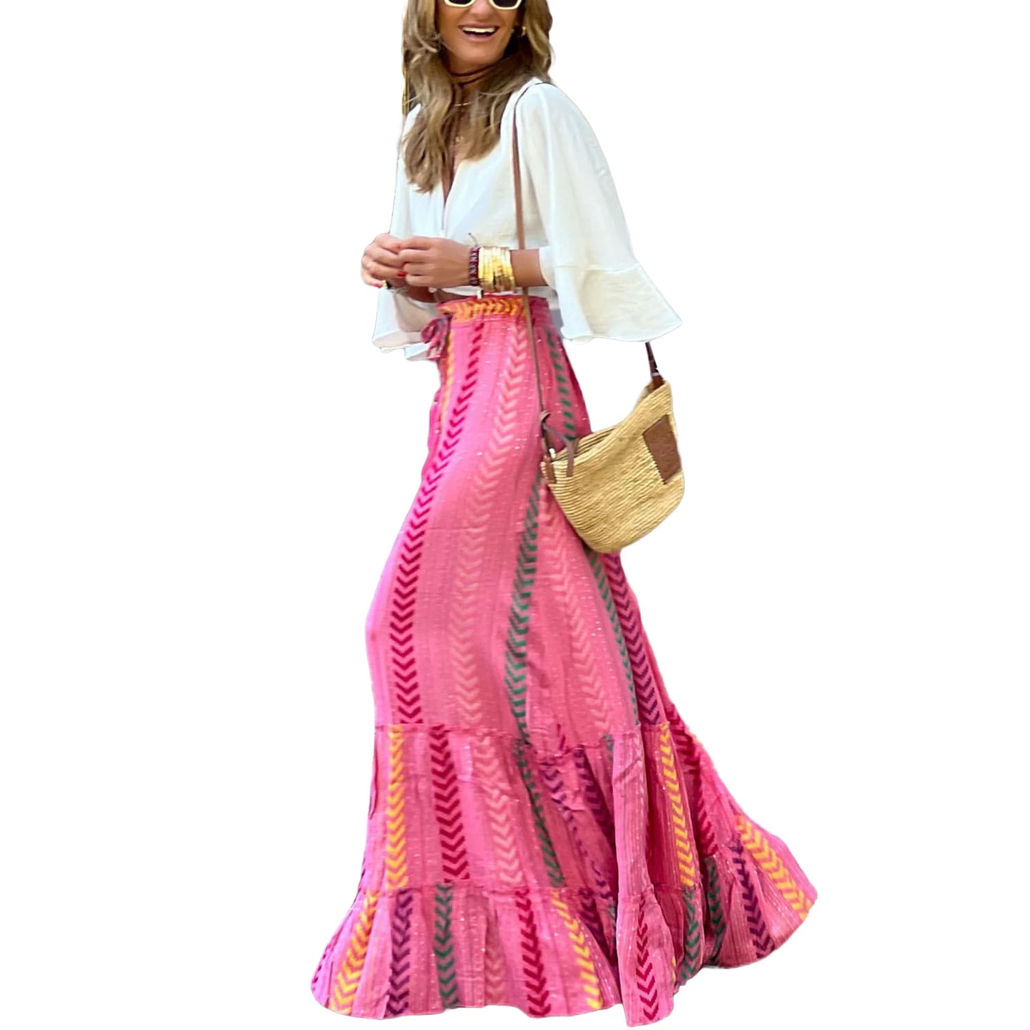 Women's Flowy Boho Skirt, Printed Ruffled Casual Skirt