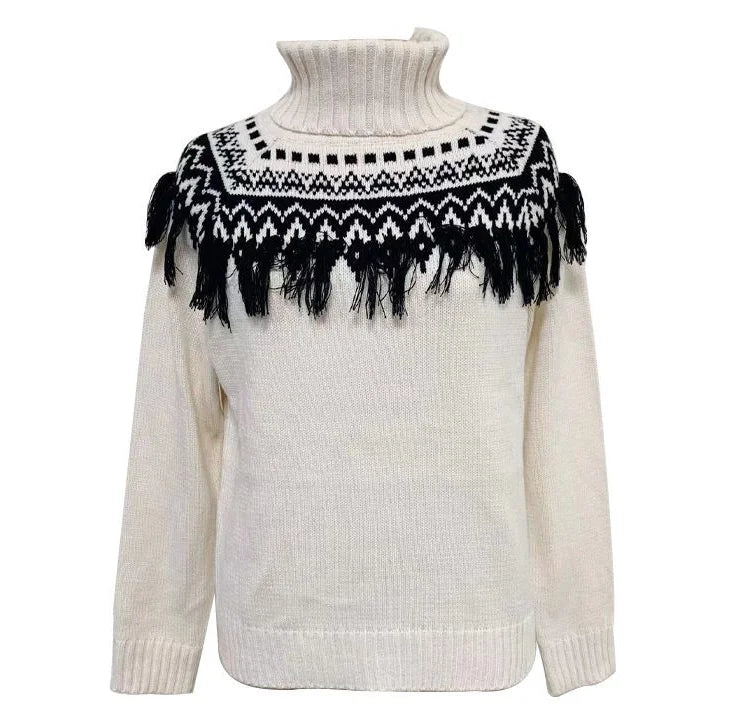 Bohemian Casual Turtleneck Jumper, Boho Long Sleeve Autumn Sweater