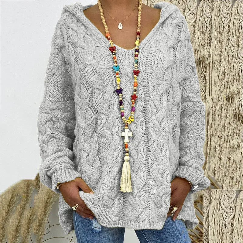 Irish Knitted Oversized Sweater, Bohemian Pullover Hooded Loose Sweater