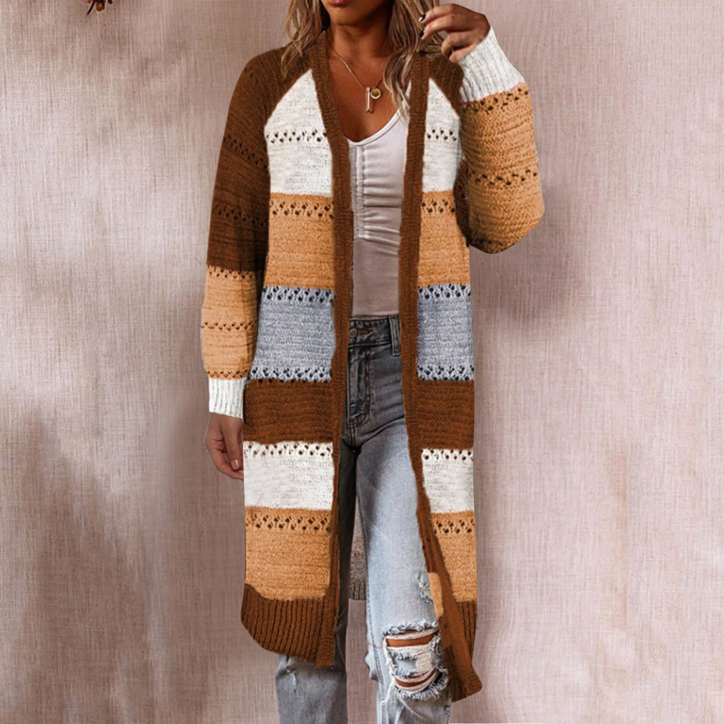 Retro Kintted Long Cardigan, Boho Cable Knit Cardigan Sweater