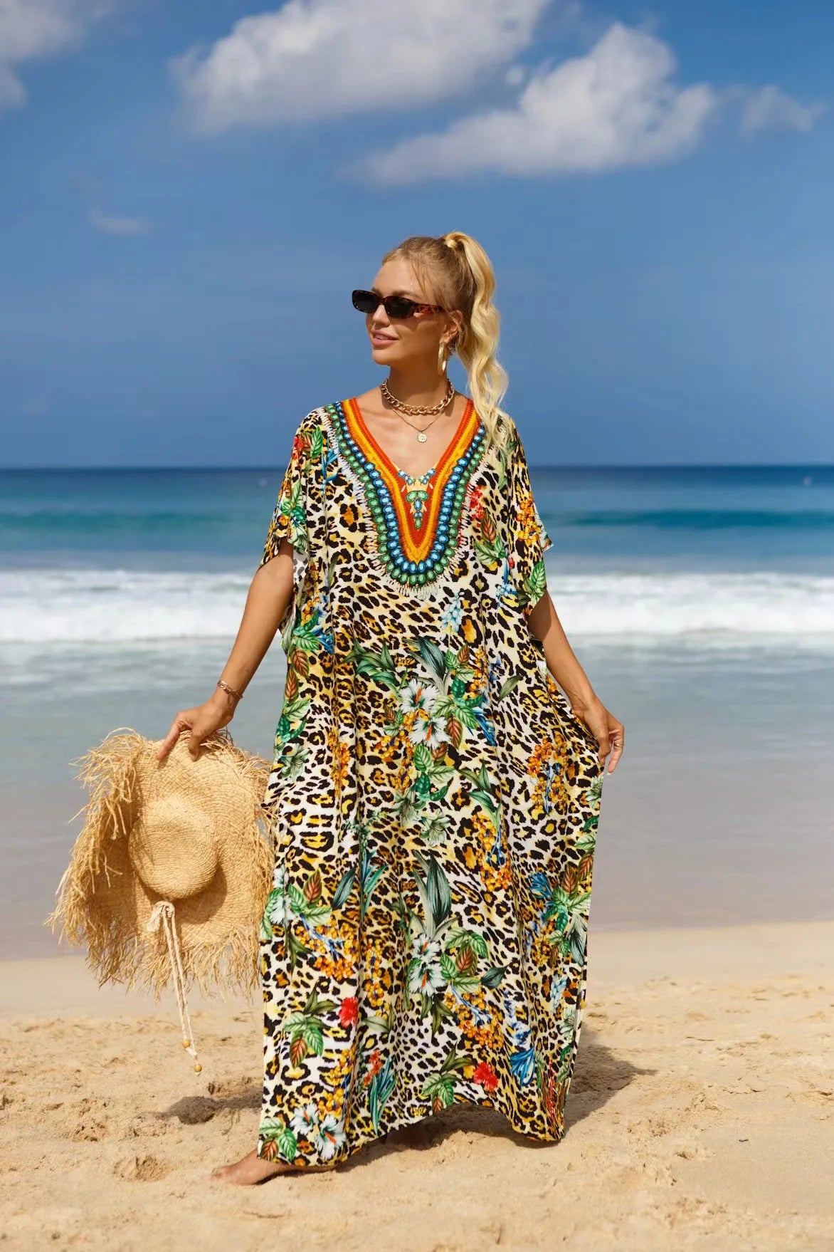 Kaftan Dresses Tropical Printed Cover Ups, Elegant Maxi Robe