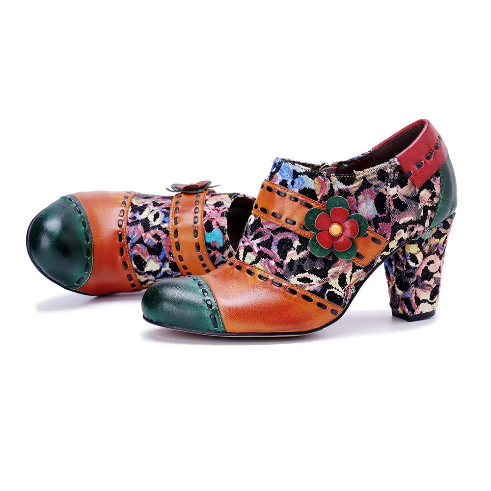 Johnature Autumn/Winter Colorful Floral Pumps, Genuine Leather