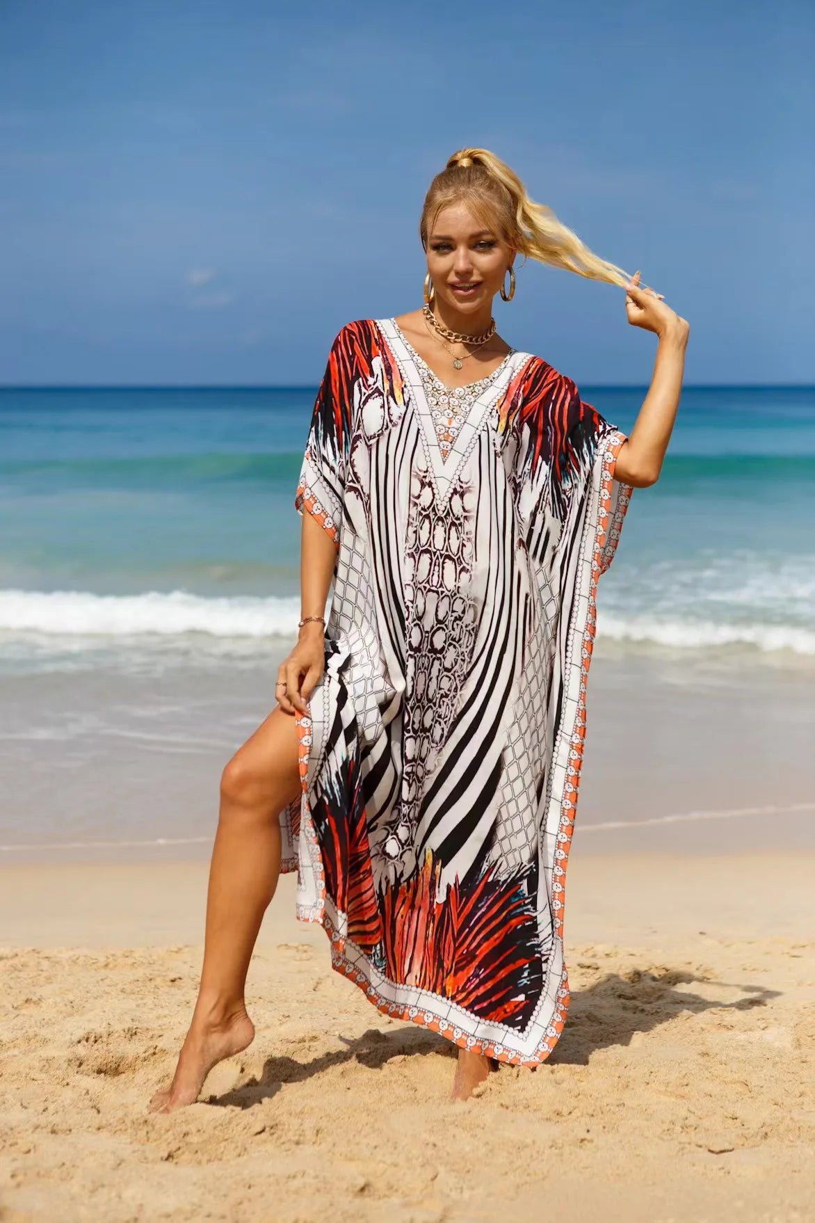 Kaftan Dresses Tropical Printed Cover Ups, Elegant Maxi Robe