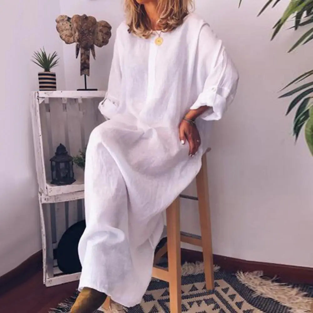 Casual Boho Oversize Maxi, Cotton Linen Long Shirt Kaftan Dress