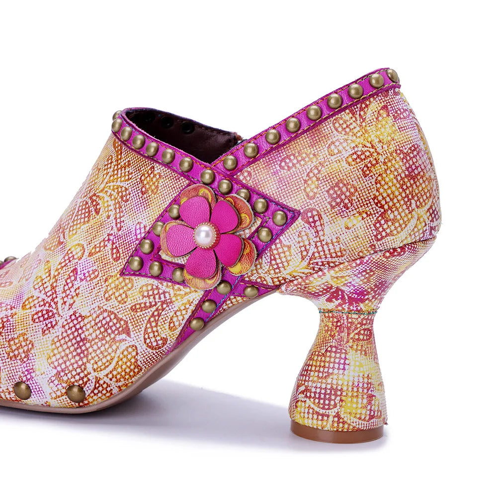 Johnature 2025 Spring/Summer Fun Pink Floral Pumps, Genuine Leather Retro Pink Shoes