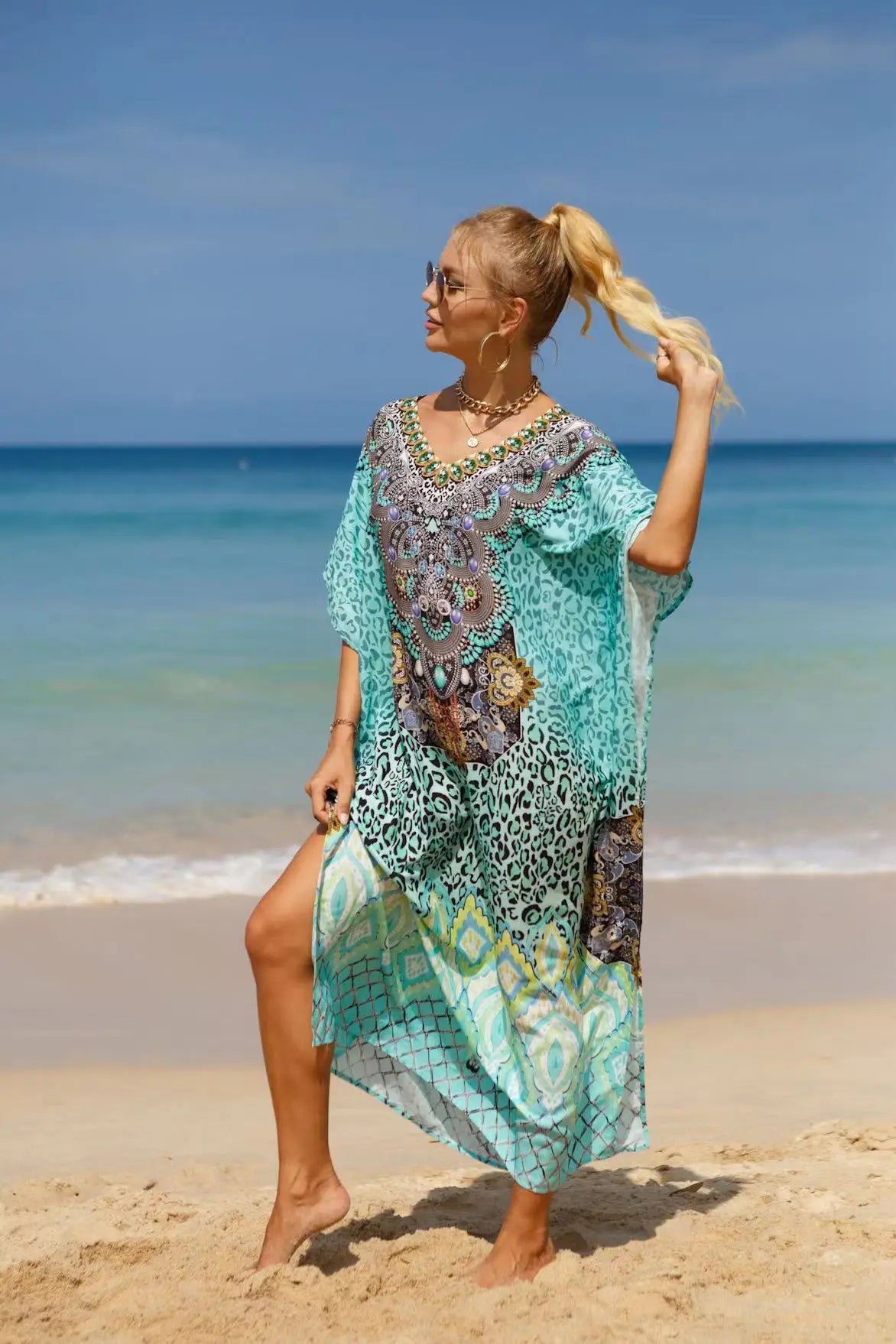 Kaftan Dresses Tropical Printed Cover Ups, Elegant Maxi Robe