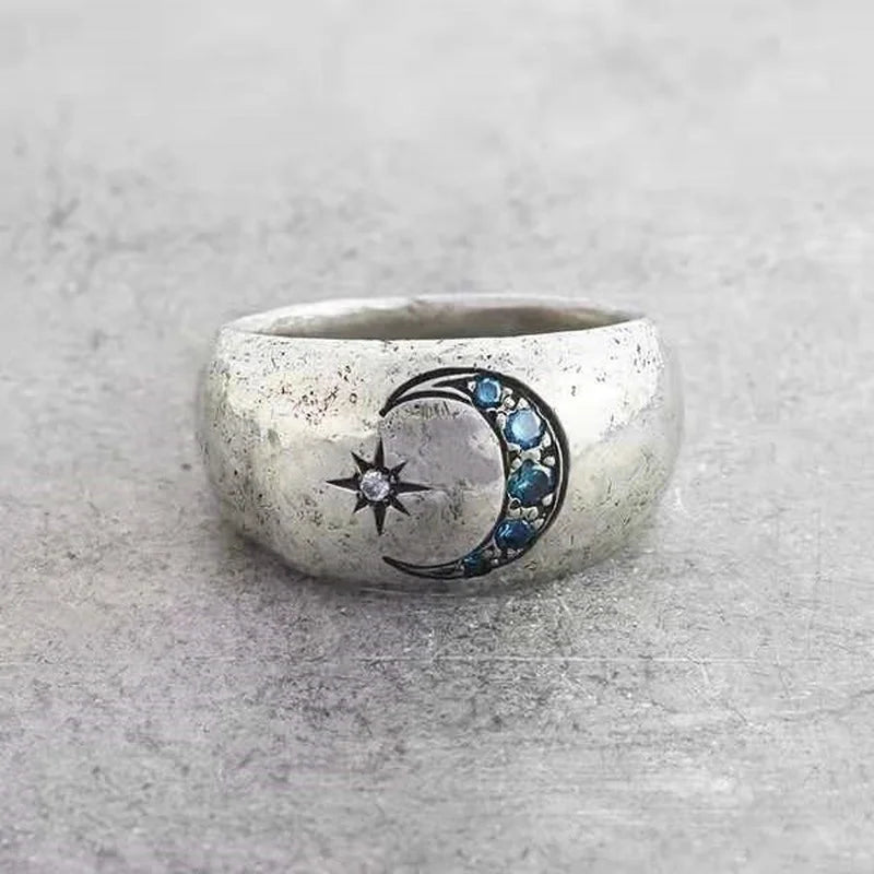 Sun Moon Ring, Vintage Silver Inlaid Aquamarine Stone Ring, Witchy Ring