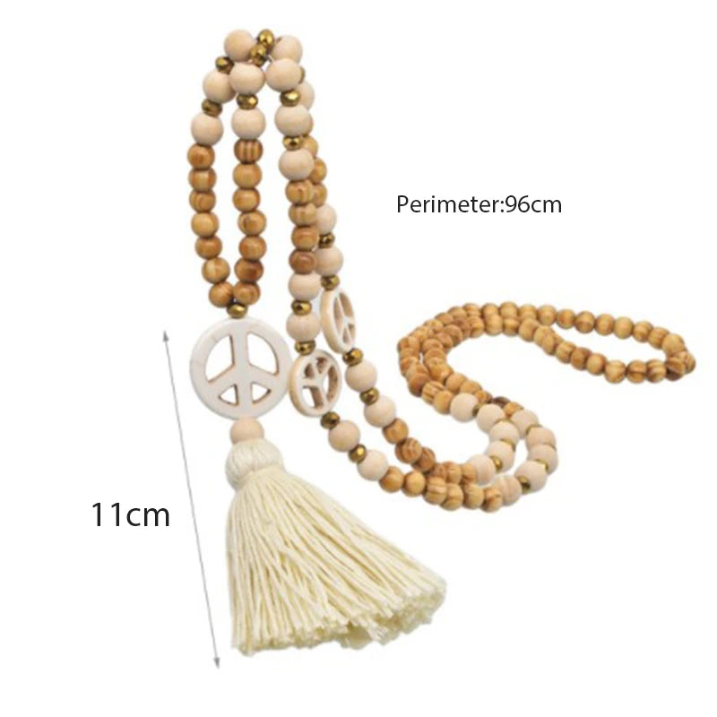 Boho Peace Pendant Necklace, Hippy Aesthetic Tassel Jewelry