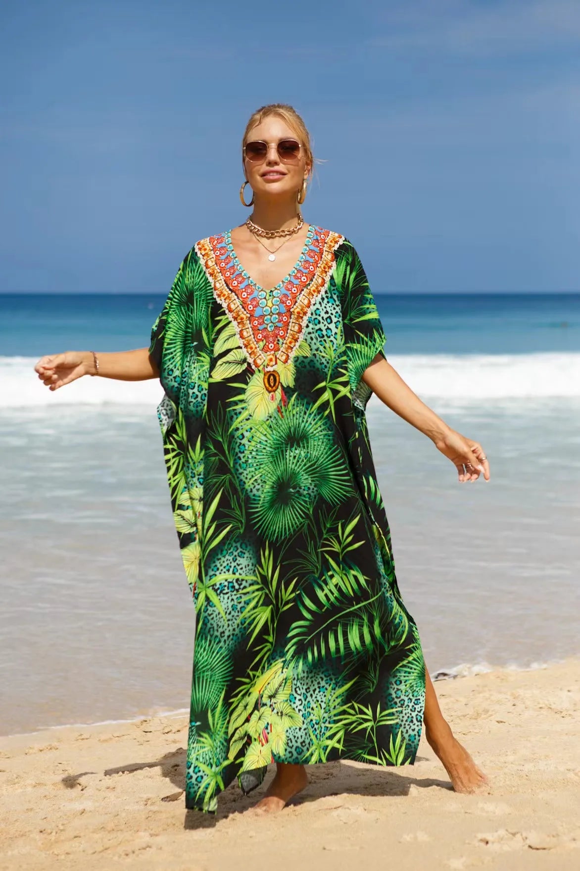 Kaftan Dresses Tropical Printed Cover Ups, Elegant Maxi Robe