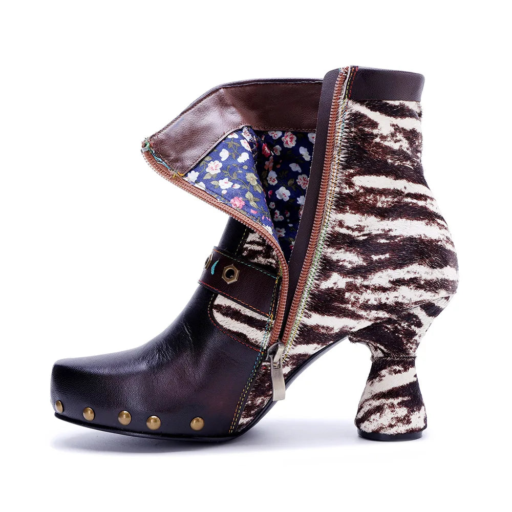 Johnature Genuine Leather Patchwork Horsehair High Heels, Belt Buckle Rivet Boots