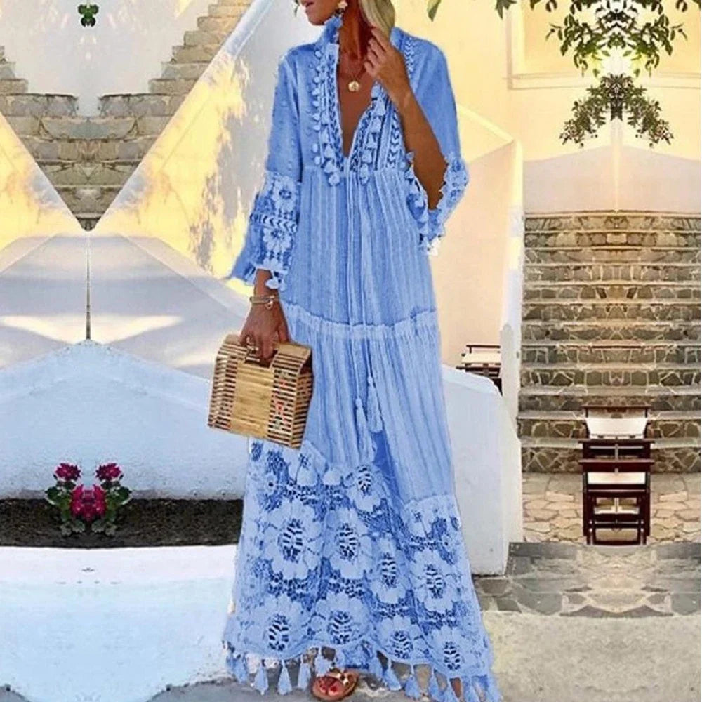 Ladies Bohemian V-Neck Tassel Dress, Boho Dress with Tassel