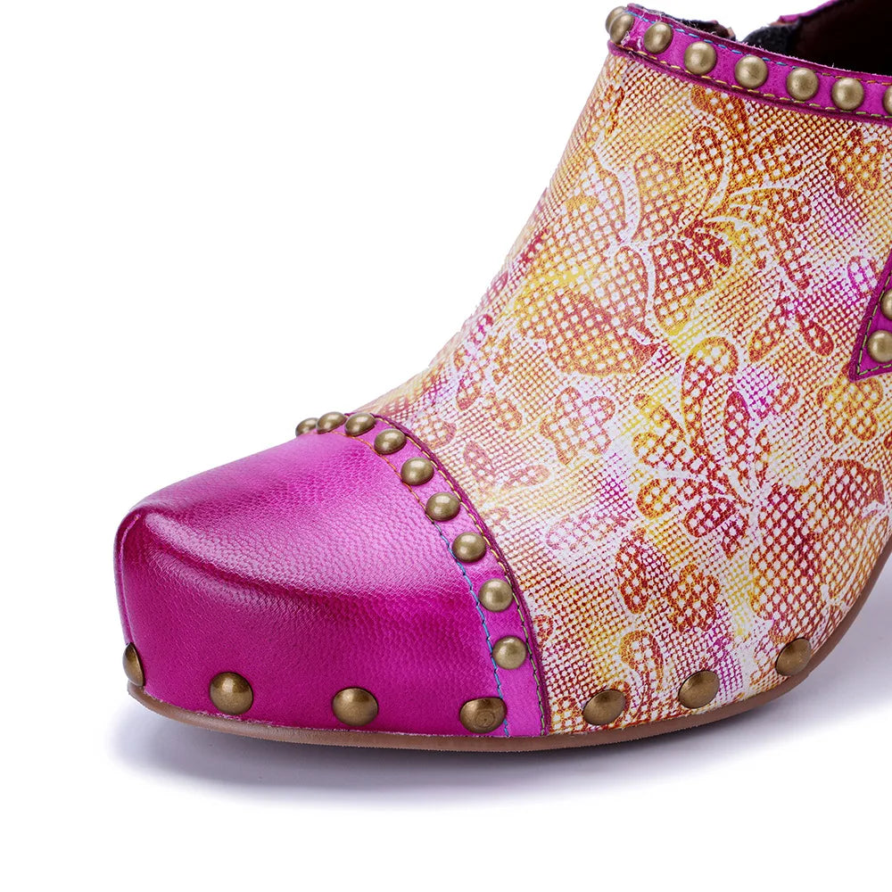 Johnature 2025 Spring/Summer Fun Pink Floral Pumps, Genuine Leather Retro Pink Shoes