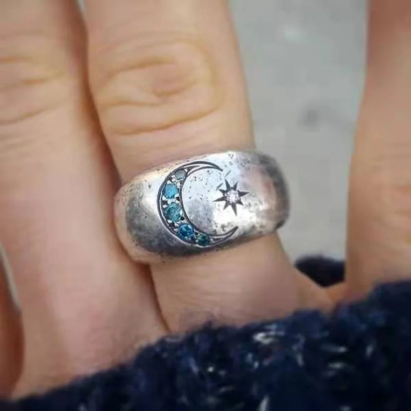 Sun Moon Ring, Vintage Silver Inlaid Aquamarine Stone Ring, Witchy Ring