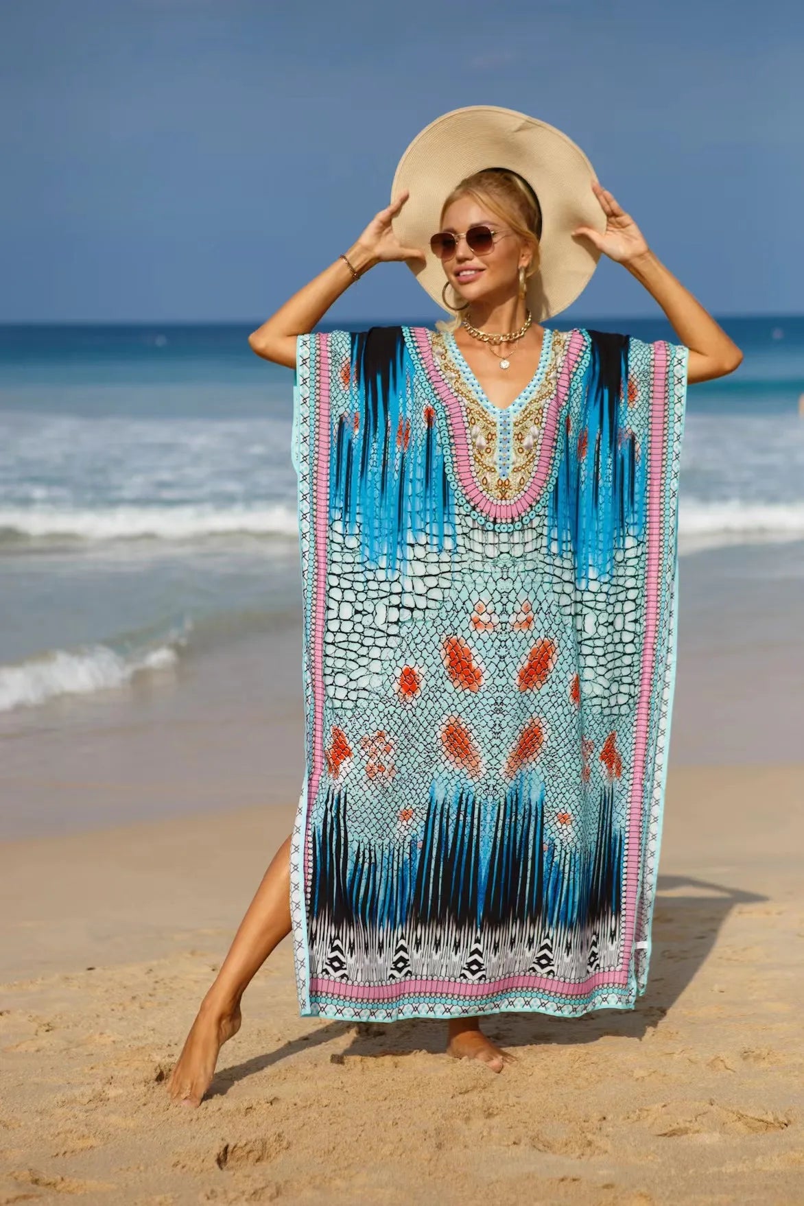 Kaftan Dresses Tropical Printed Cover Ups, Elegant Maxi Robe