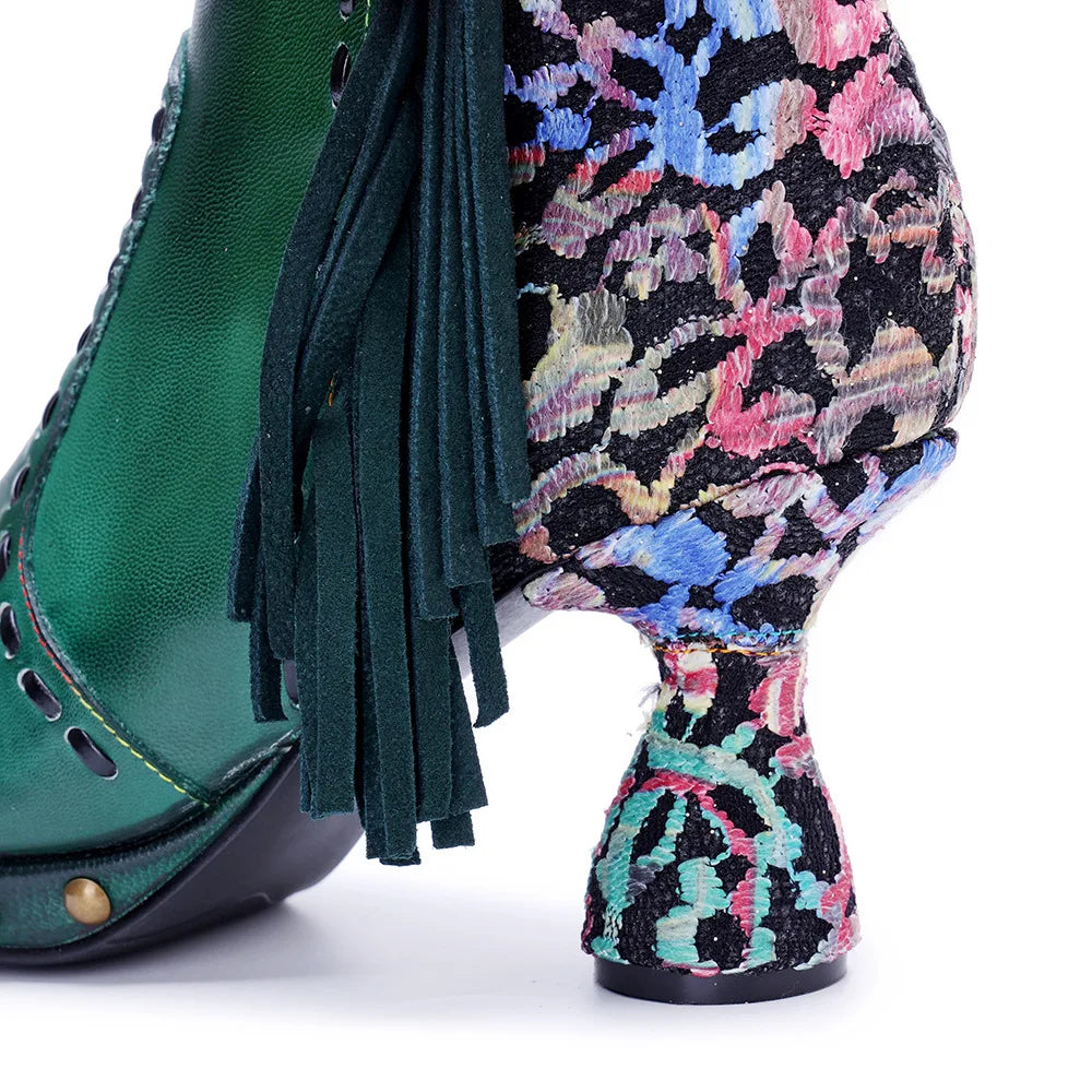 Johnature Handmade Genuine Green Leather Patchwork Printed Women's Boots