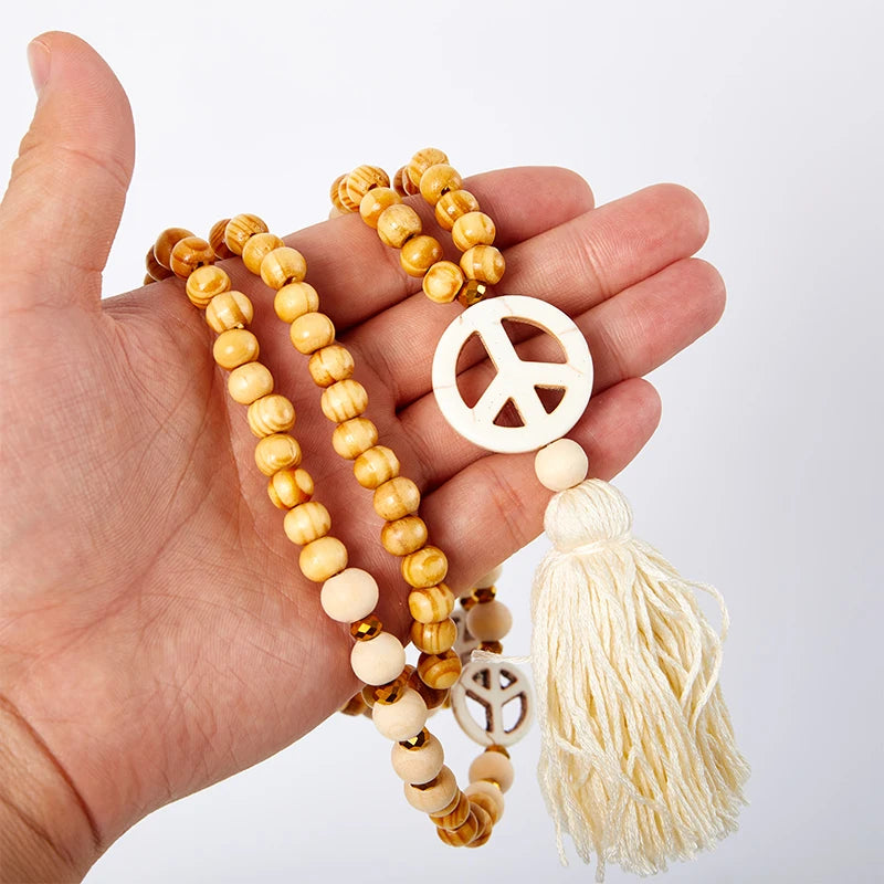 Boho Peace Pendant Necklace, Hippy Aesthetic Tassel Jewelry