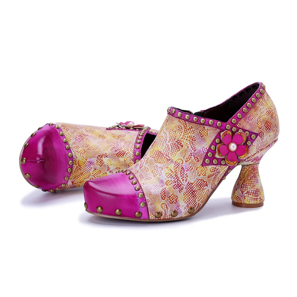 Johnature 2025 Spring/Summer Fun Pink Floral Pumps, Genuine Leather Retro Pink Shoes