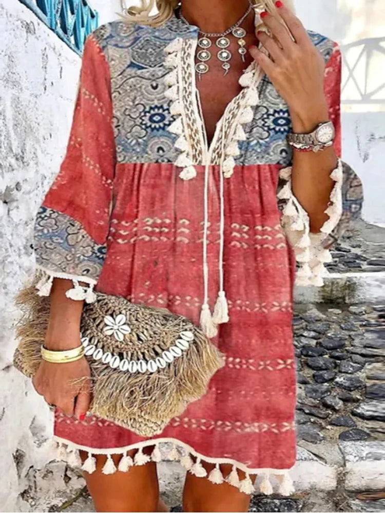 Boho Beach Dress, Allover Geometric Print Tassel Bell Sleeve Dress, Cover up - The Witchy Gypsy