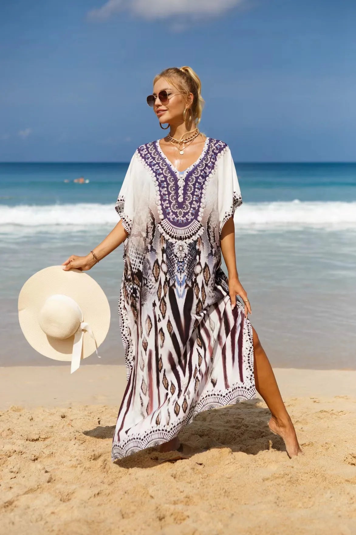 Kaftan Dresses Tropical Printed Cover Ups, Elegant Maxi Robe