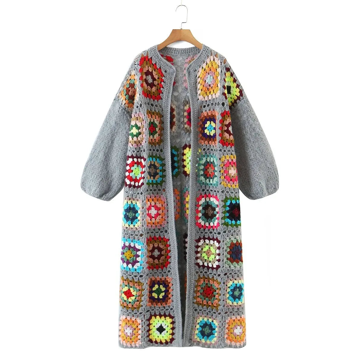 Cozy Granny Square Winter Cardigan, Boho Long Sleeve Autumn Jumper