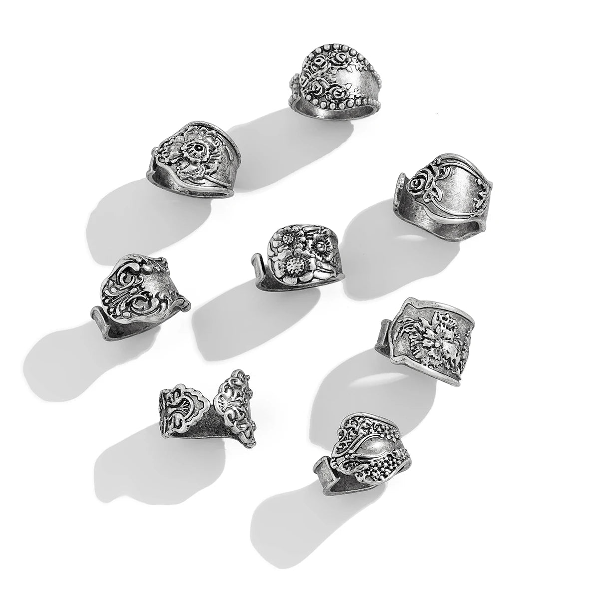 8Pcs Vintage Silver Cutlery Stem Rings, Boho Embossed Flower Silver Rings - The Witchy Gypsy