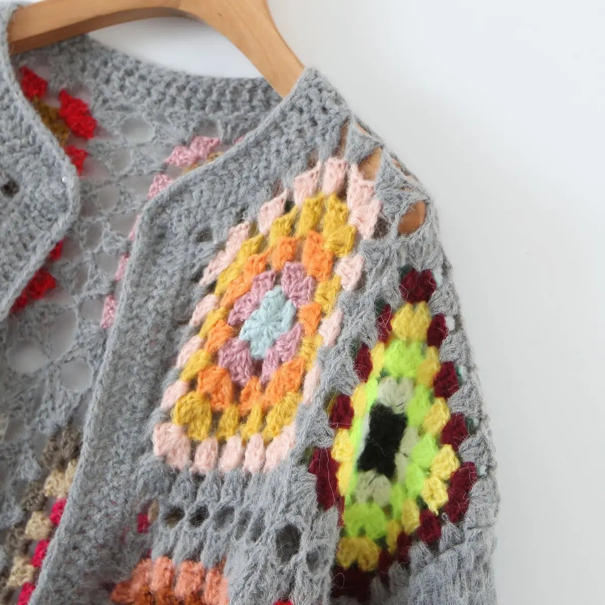 Cozy Granny Square Winter Cardigan, Boho Long Sleeve Autumn Jumper