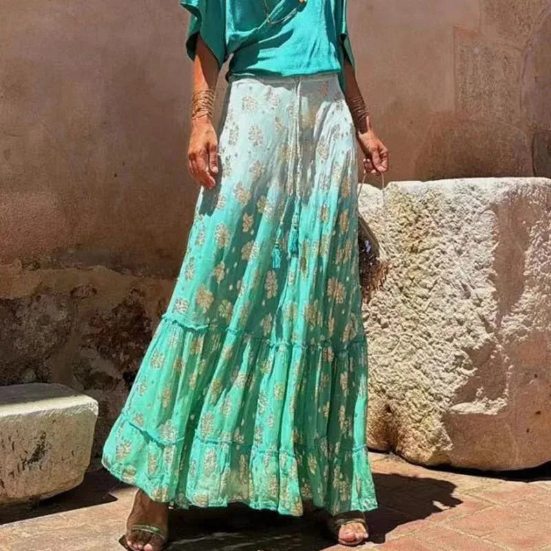 Women's Flowy Boho Skirt, Printed Ruffled Casual Skirt