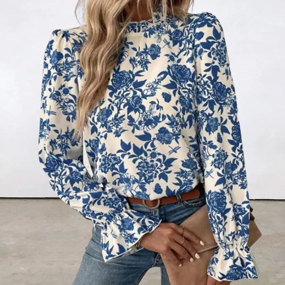 Blue and White Floral Blouse with Ruffle Cuffs, Long Sleeve ruffled Mock Neck Top