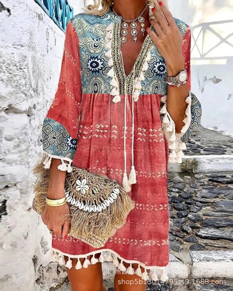 Boho Beach Dress, Allover Geometric Print Tassel Bell Sleeve Dress, Cover up- The Witchy Gypsy