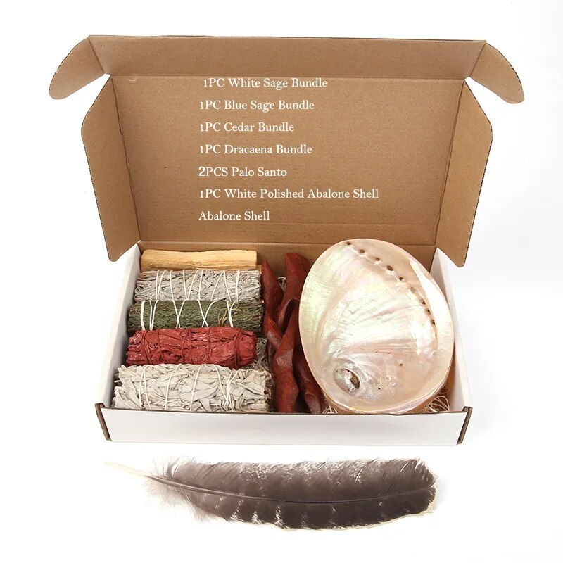 White Sage Balone Shell Holder, Turkey Feather Set, Sage Purifying Healing Set, Smudge - The Witchy Gypsy