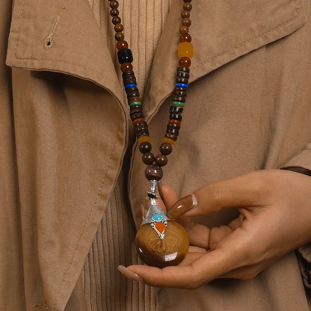 Ethnic Boho Wood Beads Necklace, Vintage Buddhist Mala Wooden Pendant