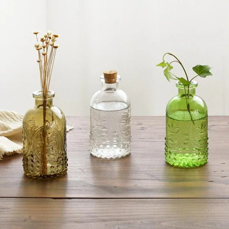 Aromatherapy Vase, Boho Style, Transparent Retro Embossed Glass Bottle