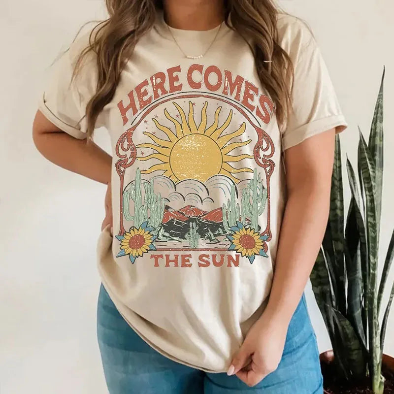 Here Comes the Sun Letter Print Tees, Hippie Boho Vintage Aesthetic Tshirt