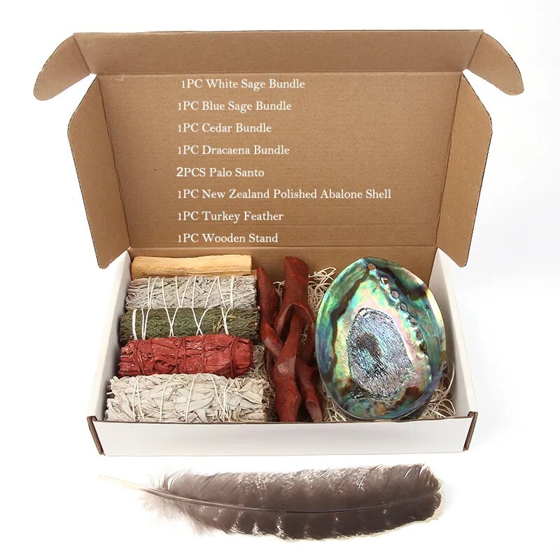 White Sage Balone Shell Holder, Turkey Feather Set, Sage Purifying Healing Set, Smudge - The Witchy Gypsy