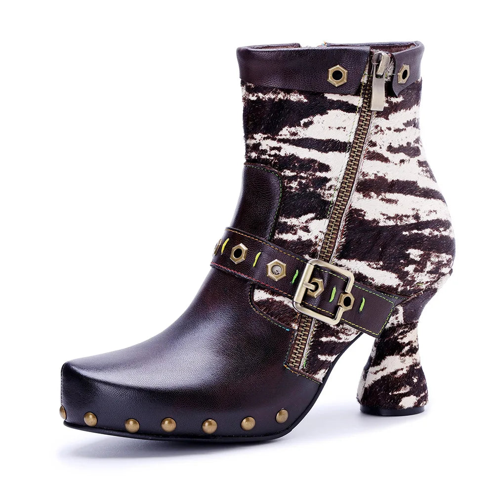 Johnature Genuine Leather Patchwork Horsehair High Heels, Belt Buckle Rivet Boots