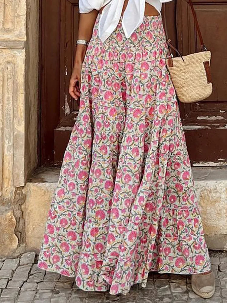 Women's Flowy Boho Skirt, Printed Ruffled Casual Skirt