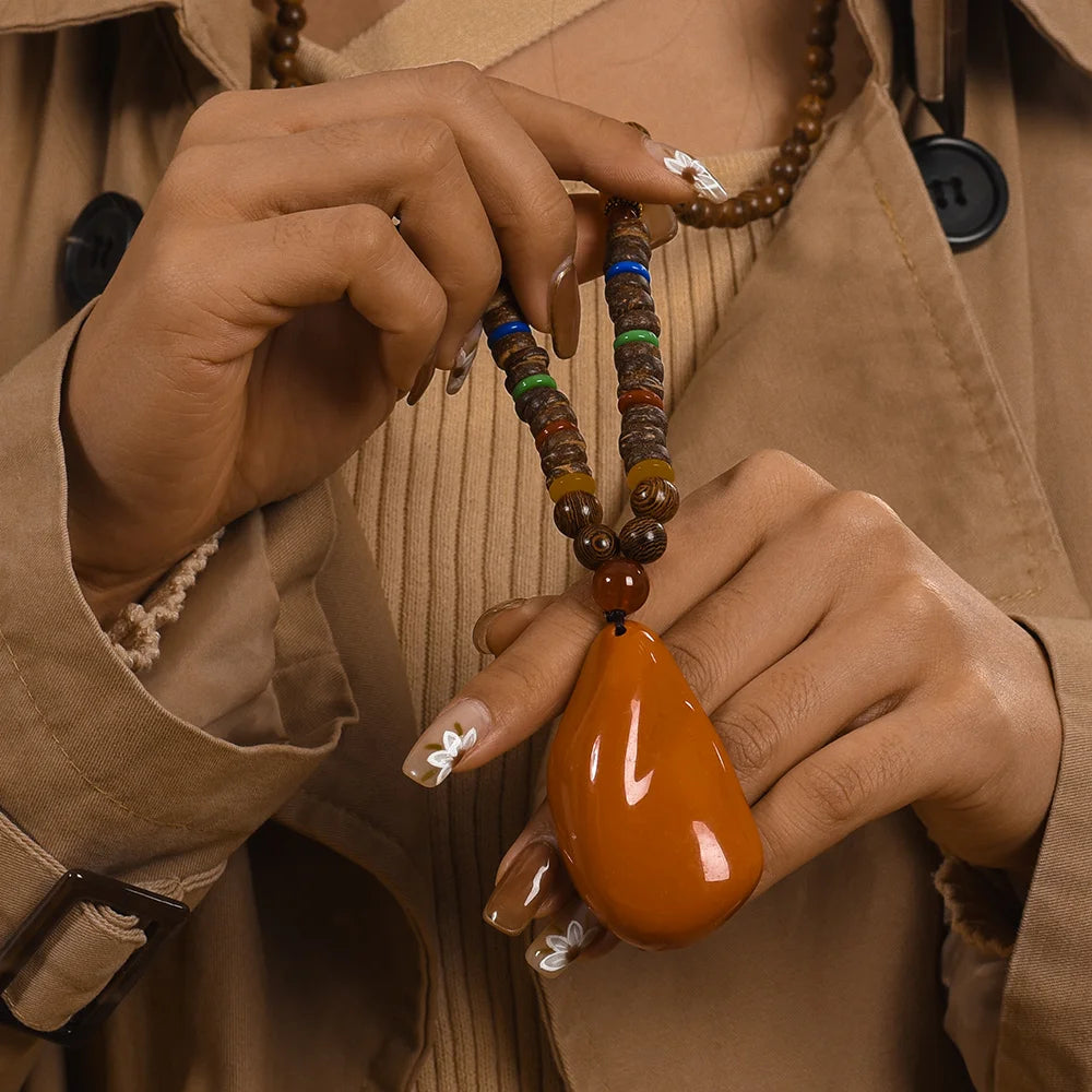 Ethnic Boho Wood Beads Necklace, Vintage Buddhist Mala Wooden Pendant