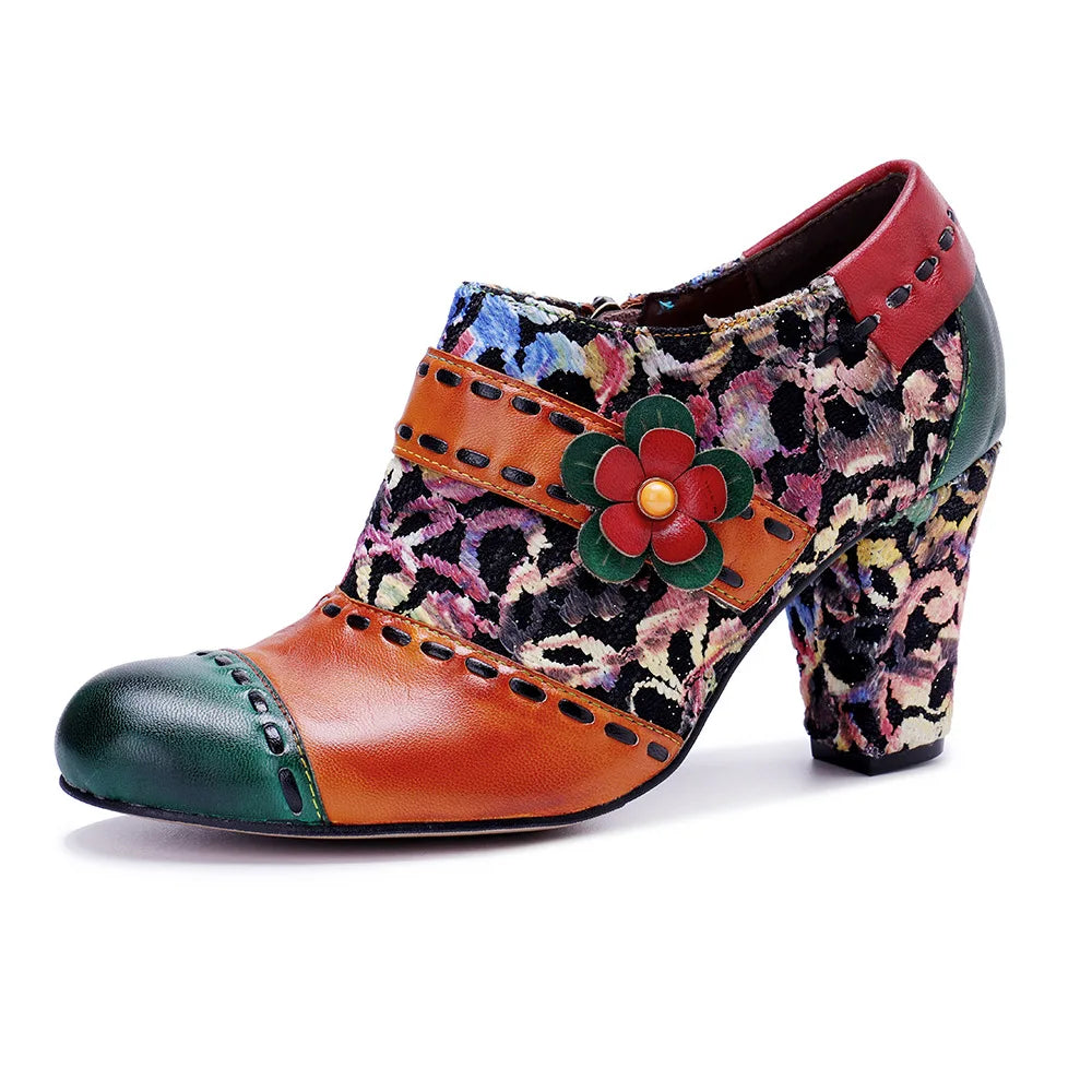 Johnature Autumn/Winter Colorful Floral Pumps, Genuine Leather