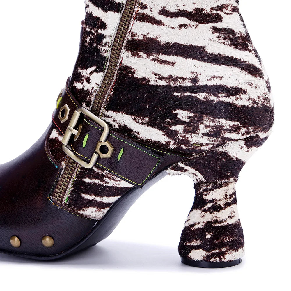 Johnature Genuine Leather Patchwork Horsehair High Heels, Belt Buckle Rivet Boots