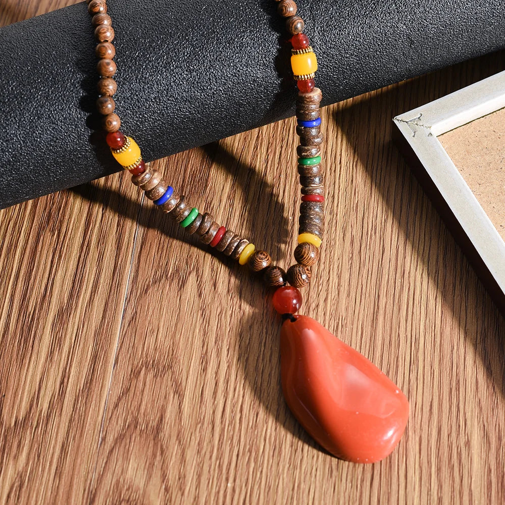 Ethnic Boho Wood Beads Necklace, Vintage Buddhist Mala Wooden Pendant