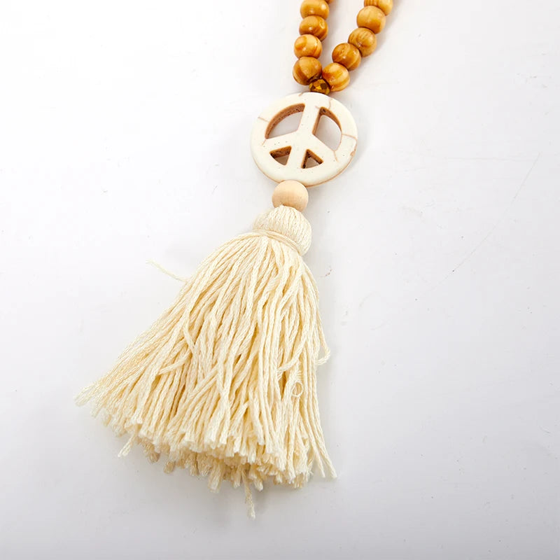 Boho Peace Pendant Necklace, Hippy Aesthetic Tassel Jewelry