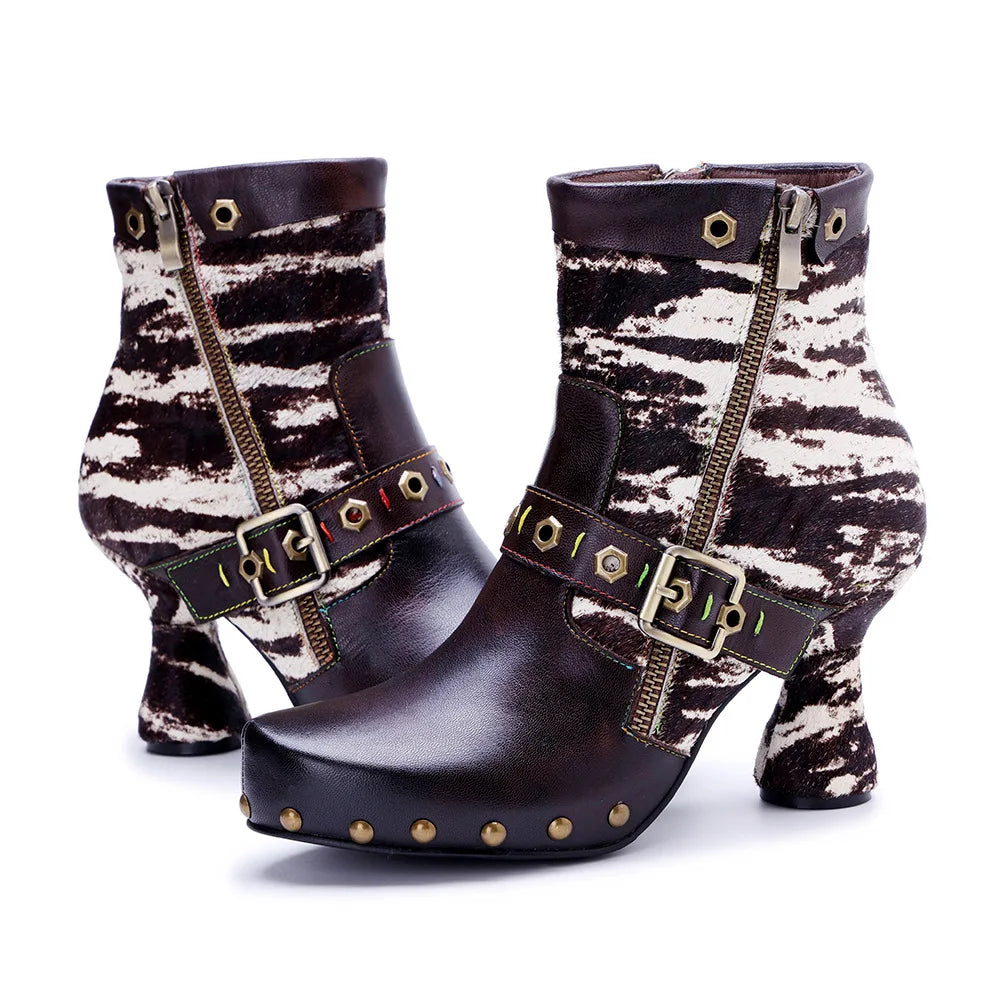 Johnature Genuine Leather Patchwork Horsehair High Heels, Belt Buckle Rivet Boots