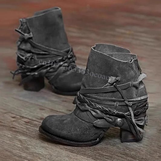New Vintage Cowboy Western Womans Slip on Boots, Metal Rivet Chunky Heel Punk Ladies Boots